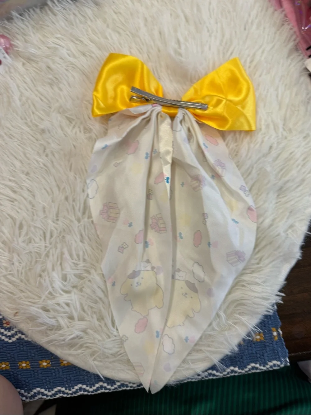 Pompompurin Yellow silky coquette Bow Scarf Hair pin with Cute Character Print